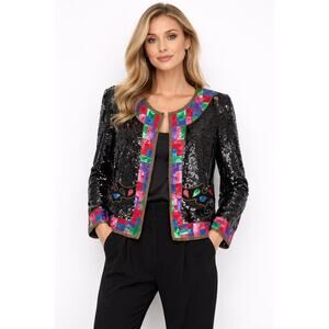 1980s Pinky Creations Silk Sequin Jacket Black,Pink & red size Medium